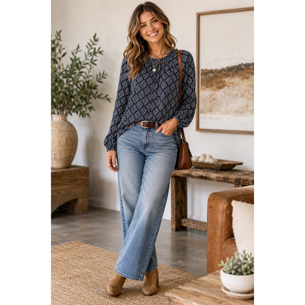 Lane Bryant Women's Size 18/20 Navy Geometric Smocked Neck Blouse Modern Boho